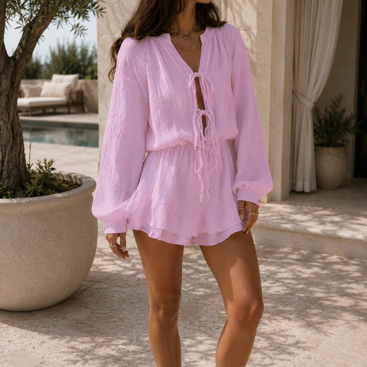 Tie-Front Lantern Sleeve Mini Dress