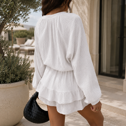 Tie-Front Lantern Sleeve Mini Dress