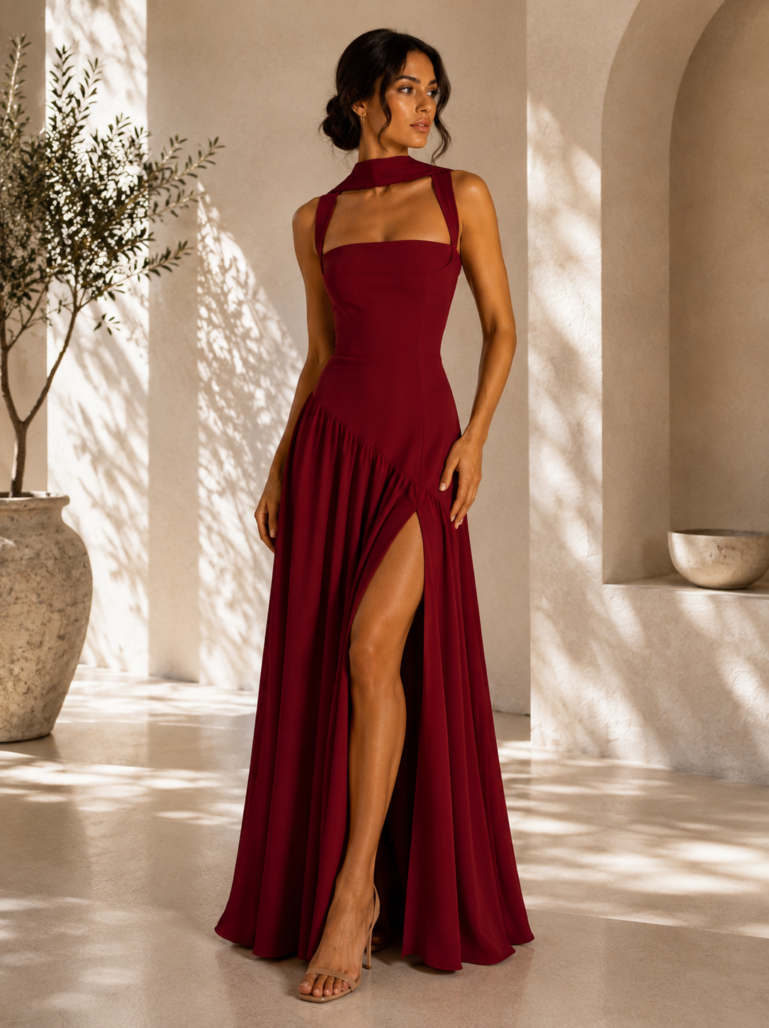 Noir Scarf-Neck Evening Dress