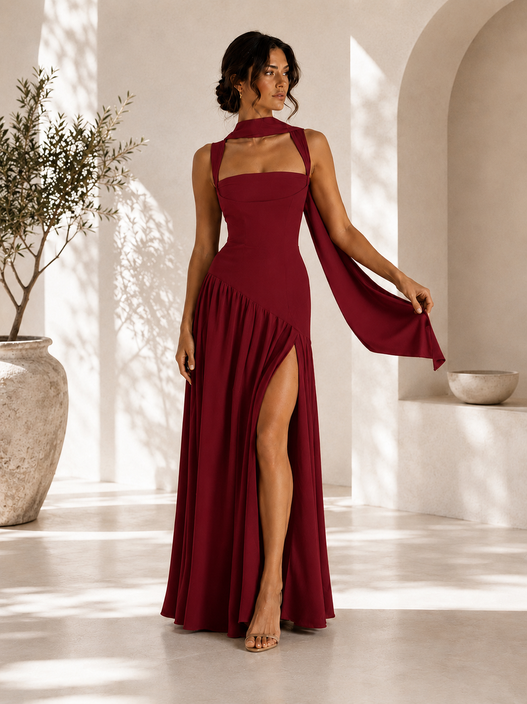 Noir Scarf-Neck Evening Dress